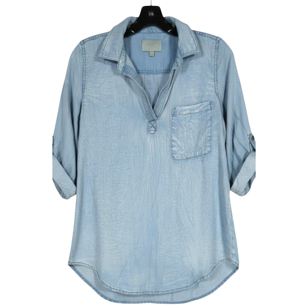 SKIES ARE BLUE Chambray ROLL-TAB SLEEVES V-Neck POCKET Tencel BLOUSE/TUNIC TOP S
